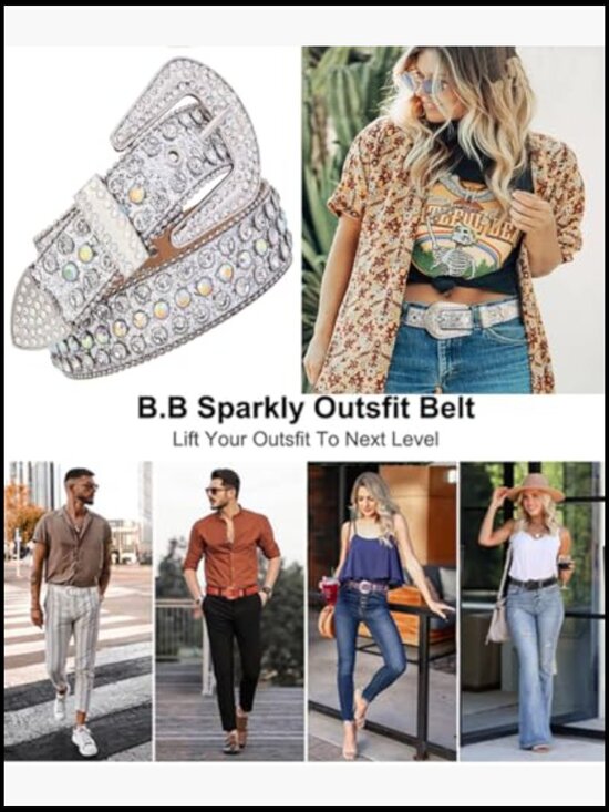 Rhinestone Studded Dressy Belt with Diamond Buckle - Faux Leather main image 6